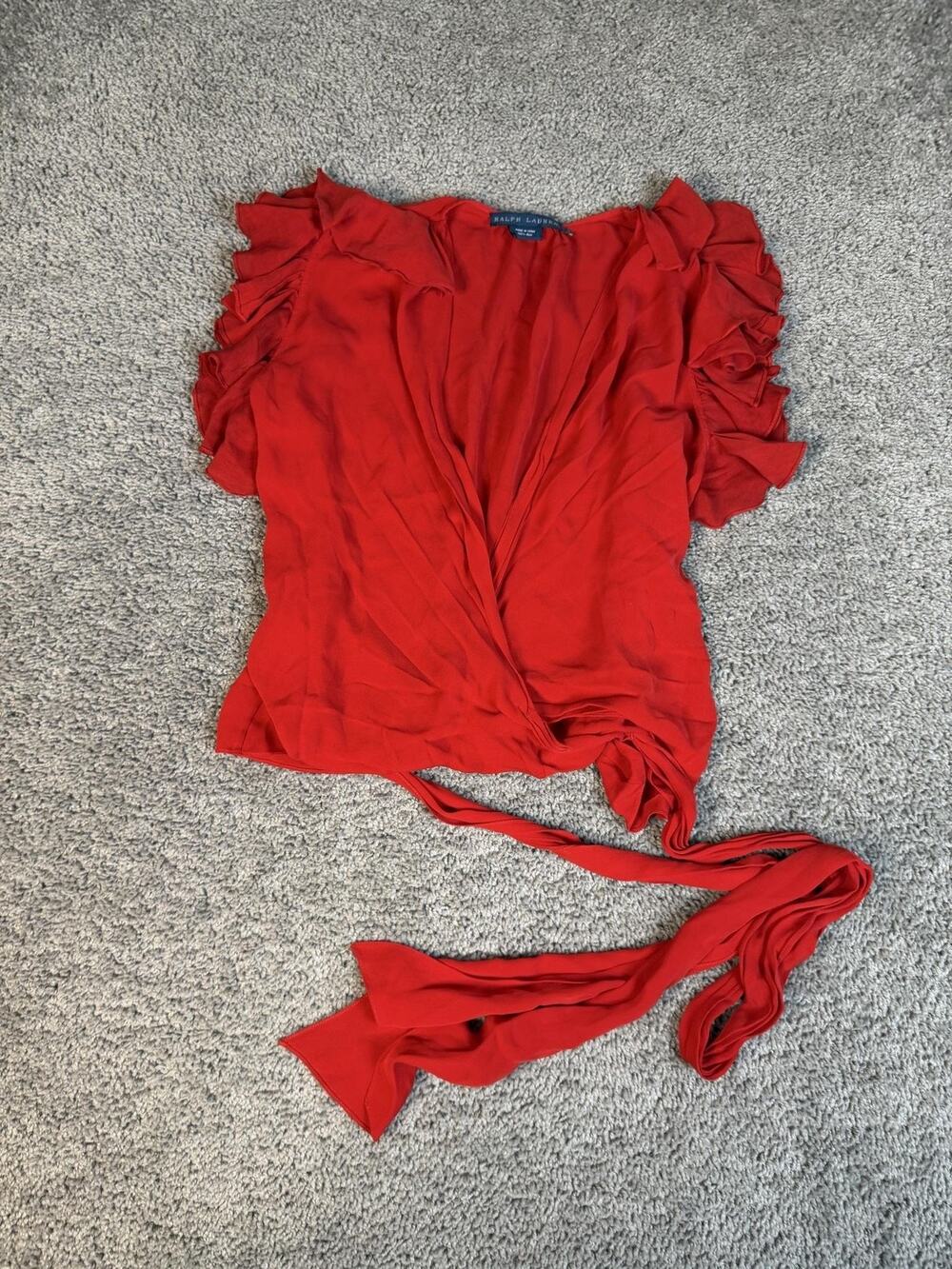 Ralph Lauren Blouse Womens 8 Red Silk Chiffon V-Neck Ruffle Tie Party Cocktail